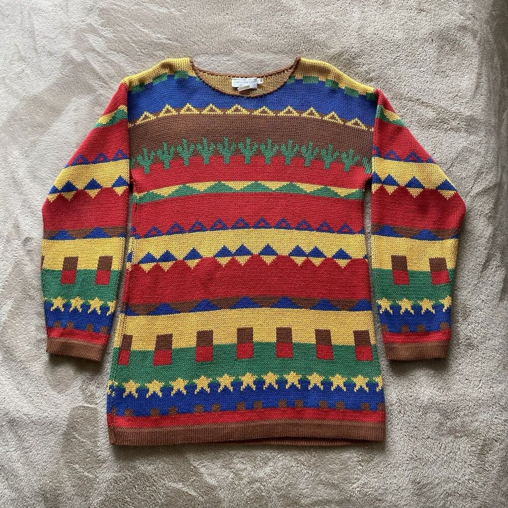 VTG Sweater Loft Knit Sweater Womens M Colorful Desert Cactus Cowgirl Western